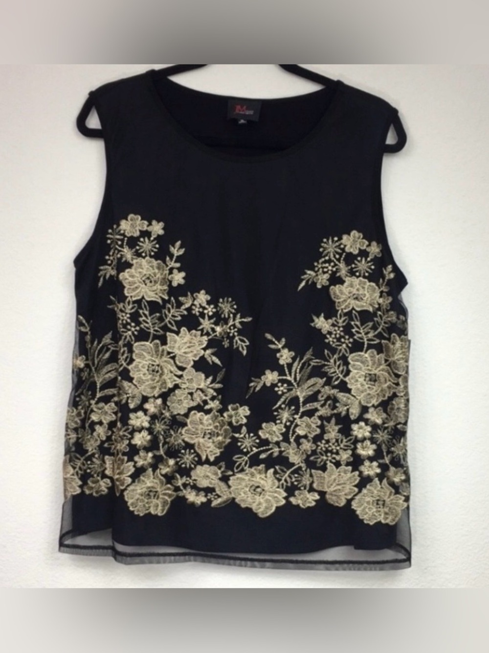 NWT New JM Studio Womens Black Gold Floral Embroidered Sleeveless Blouse Size XL